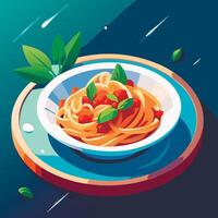 Spaghetti with tomato and basil on a plate vector