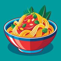 Pasta with tomato and basil in a bowl vector