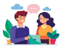 A man and woman are talking to each other while sitting at a desk vector