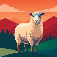 A sheep stands in front of a mountain range vector