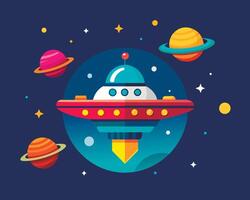 An illustration of a spaceship and a ufo flying through space vector