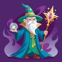 Cartoon wizard with a magic wand and a crystal ball vector