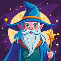 Cartoon wizard with hat and wand vector
