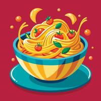 Spaghetti with tomatoes and basil in a bowl vector