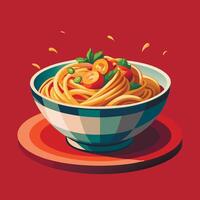 Spaghetti in a bowl with tomatoes and basil vector