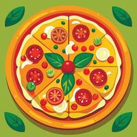Pizza with tomato, basil, and cheese on a green background vector