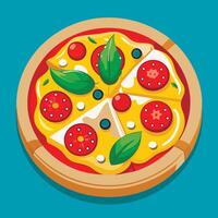 Pizza with tomatoes, basil and cheese on a blue background vector