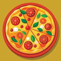 Pizza with tomato, cheese and basil on a yellow background vector