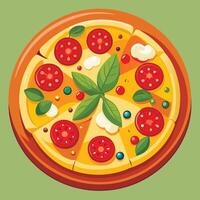Pizza with tomato, basil and cheese on a green background vector