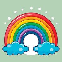 Rainbow with clouds and stars on a green background vector