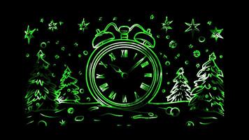 Neon frame effect, New Year Clock A clock striking midnight to mark the New Year on black background video