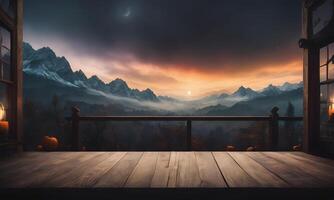a window with a view of mountains and a fire photo