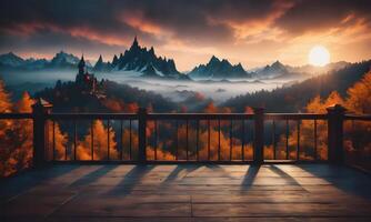 the view from a balcony overlooking a mountain range photo
