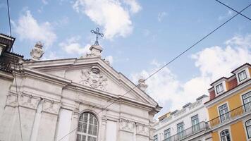 A religious Catholic church. Action. Summer time with European architecture and a temple with a cross at the top. video