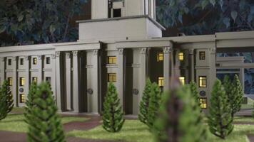 Close-up layout of old building. Stock footage. Realistic layout of old building with columns and landscape. Architectural layout of old building video