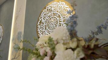 Round shaped window and the calligraphy details in mosque. Scene. Concept of architecture and religion. video