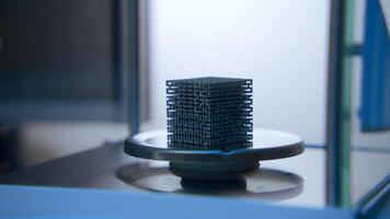 Close-up of cube in laboratory. Stock footage. Futuristic 3D cube lies in scientific laboratory. Unidentified mysterious cube is in scientific laboratory video