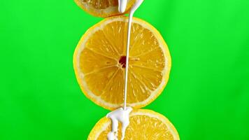 Melted vanilla icecream flowing down and covering halves of fresh cut oranges. Stock clip. Fruits isolated on a green chroma key background. video
