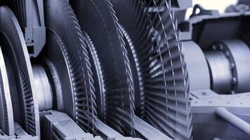 Close up of balancing steam turbine spinning rotor. Media. Industrial background with spinning fast mechanism. video