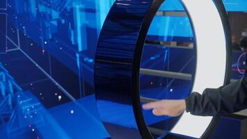 IT specialist standing In front of modern computer and activating data center with gestures. Media. Digitalization of Information, gesture control. video