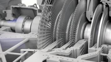 Close up of balancing steam turbine spinning rotor. Media. Industrial background with spinning fast mechanism. video
