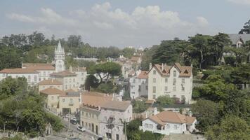 Aerial view of the village with historic buildings. Action. Architectural ensemble on a summer day. video