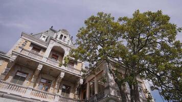Large towers overgrown with trees. Summer landscape with European architecture on a blue sky background. video