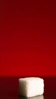 Single cube of sugar isolated on red background. Stock footage. Close up of a white sugar cube standing in the shadow with bright light shining then. video