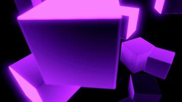 Black background with moving squares. Design. Large squares of bright purple shade made in 3d format move in a circle. video
