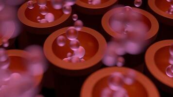 Abstract pink bubbles raising from red holes on a black background. Design. Flying spherical bubbles. video