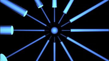 Black background with blue stripes. Design. A small circle from which blue stripes emanate in 3d format. video