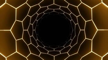 Orange and green tunnel. Design. Dark background hung with lamps on the sides made in cartoon animation. video