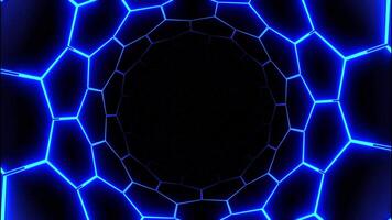 Dark virtual tunnel with neon hexagonal grid. Design. Bright neon grid of hexagons in circular tunnel. Round tunnel with hexagonal grid on black background video