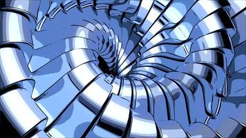 Abstract art with surreal 3d machinery industrial turAbstract art with surreal 3d machinery industrial background. Design. Metal spherical spiral twisted shape with smooth fractal blades.bine jet video