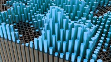 3D background with retractable metal columns. Design. Round 3d columns move up and down in space. Colored round tables of metal structure move in waves video