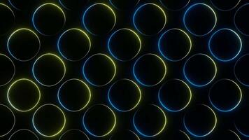 Background of shimmering neon rings on black background. Design. 3D volume effect with moving glitter of colorful rings. Colorful rings shimmer and create illusion of volume on black background video