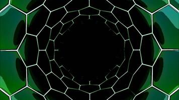 Sci Fi glowing neon lights, hexagon tunnel, futuristic corridor. Design. Endless dark technological tunnel. video