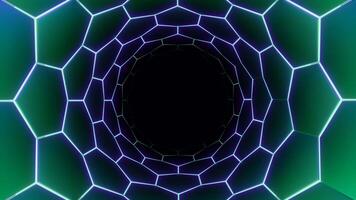 Sci Fi glowing neon lights, hexagon tunnel, futuristic corridor. Design. Endless dark technological tunnel. video