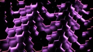 Cyber background with moving neon hexagons. Design. Cyber waves of neon hexagons on black background. Dark background with moving neon hexagons video