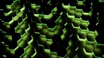 Neon hexagons move in waves on in dark. Design. Hexagons moving in waves with fluorescent illumination in dark. Neon black hexagons move in waves in background animation video