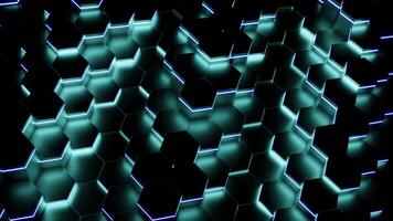Cyber background with moving neon hexagons. Design. Cyber waves of neon hexagons on black background. Dark background with moving neon hexagons video