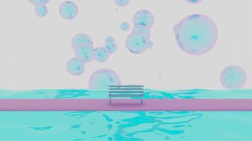 3D animation with soap bubbles. Design. 3D space with bench and colored river on background of soap bubbles. Abstract space in animation style with bubbles video