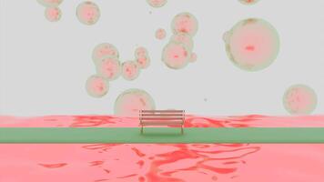 3D animation with soap bubbles. Design. 3D space with bench and colored river on background of soap bubbles. Abstract space in animation style with bubbles video