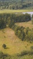 Top view of roads passing by river with trees in autumn. Clip. Beautiful autumn landscape with forest near muddy river. Panorama of forest with roads by river video