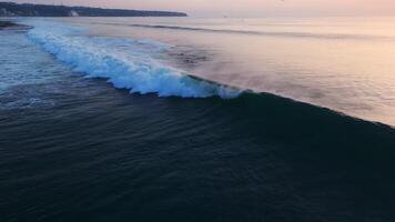 Drone view of surfers with surfing waves at sunset. Ideal swell waves in ocean at Bali video