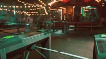 An empty amusement park at night with illuminated rides and quiet pathways video