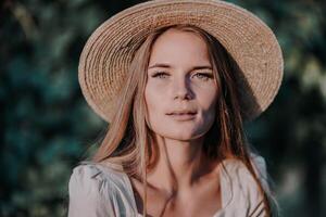 Woman with straw hat stands in front of vineyard. She is wearing a light dress and posing for a photo. Travel concept to different countries photo
