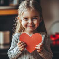 A smiling young girl holding a red heart-shaped paper, expressing joy and warmth, with a soft indoor background. photo