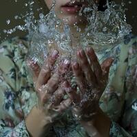 A woman's hands capturing splashing water in an artistic close-up, with droplets suspended in mid-air, creating a sense of fluidity and motion photo