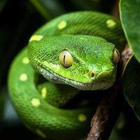 Close-up of a vibrant green tree snake with intricate scales and sharp yellow eyes, coiled around a branch in its natural habitat. photo